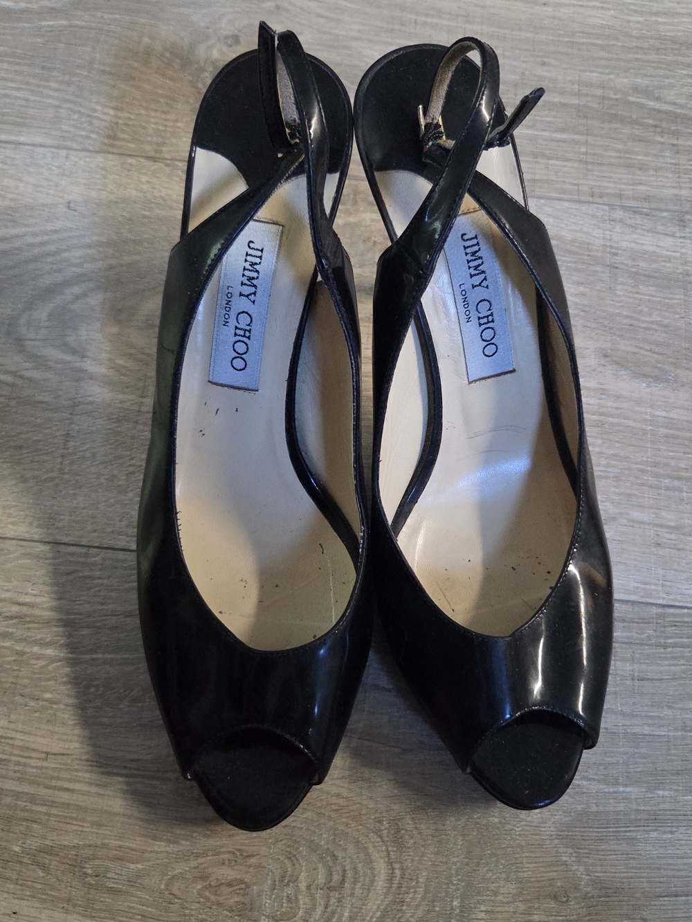 Jimmy Choo Black Patent Peep-Toe Slingback Heels